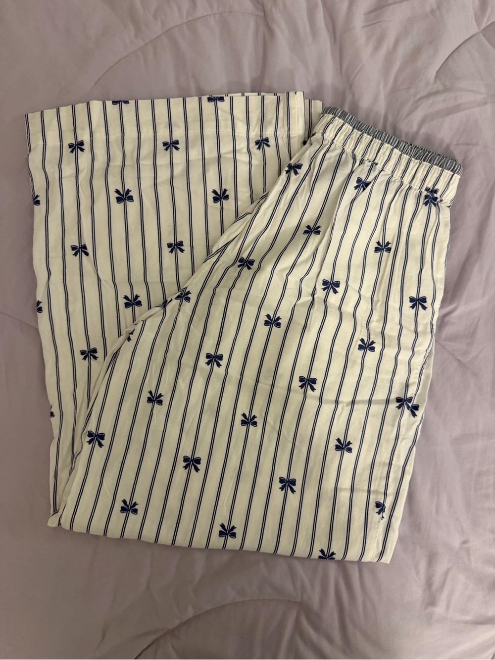 aerie Cream Flannel Pajama Pants with Navy Stripe & Bow Print